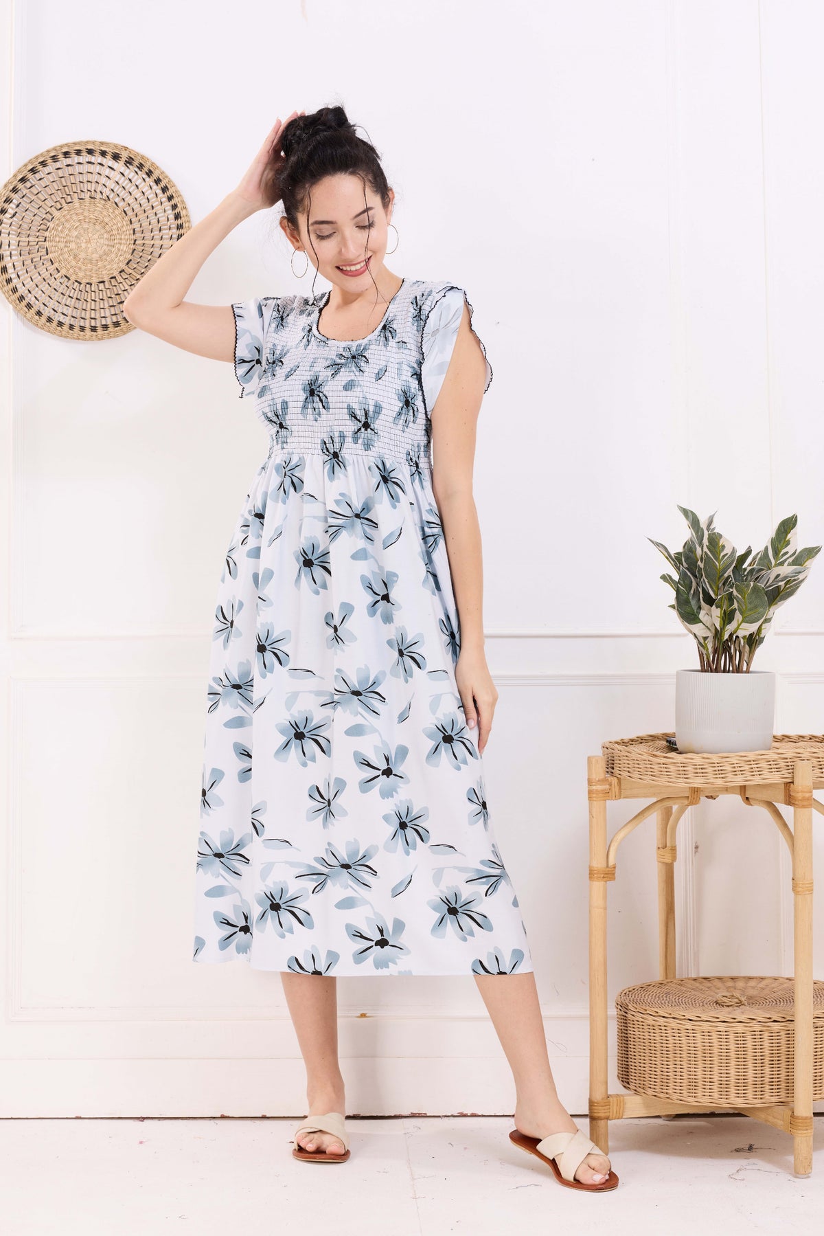 MANGAI Premium Rayon MAXI Frock Smocking Night Gown | Stretchable & Comfort Fit | Fancy Pleated Style with Side Pocket | Round Neck Nightwear for Stylish Women (SRM)