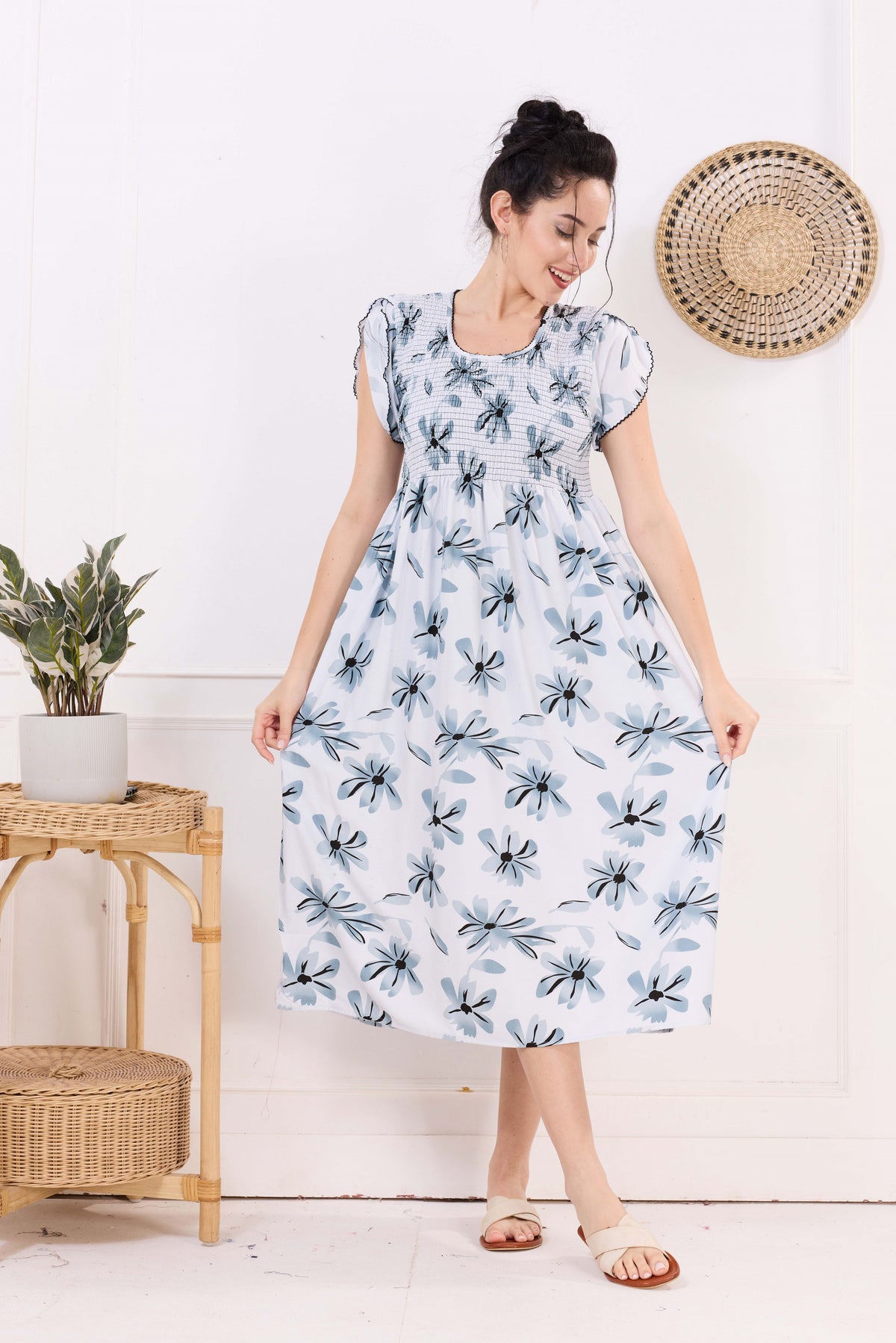 MANGAI Premium Rayon MAXI Frock Smocking Night Gown | Stretchable & Comfort Fit | Fancy Pleated Style with Side Pocket | Round Neck Nightwear for Stylish Women (SRM)