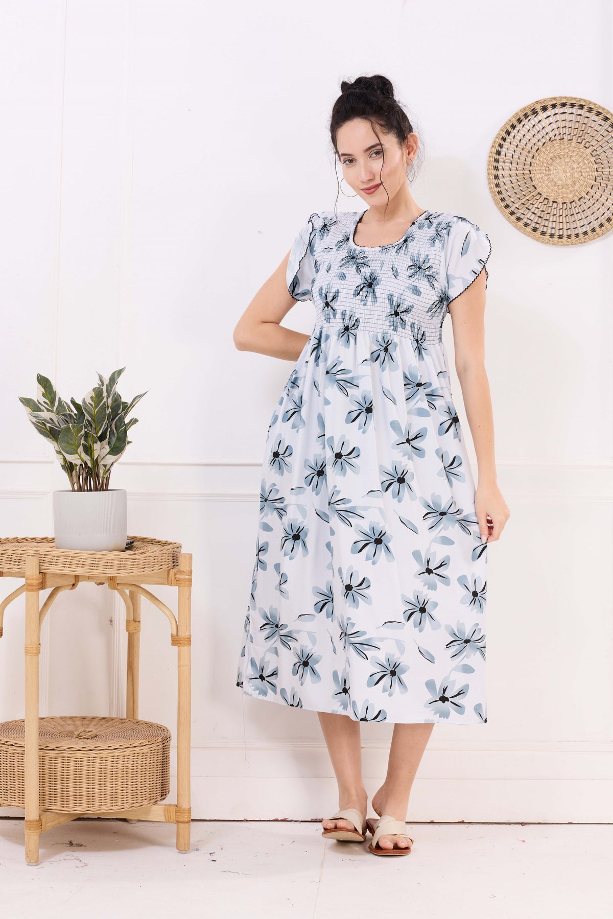 MANGAI Premium Rayon MAXI Frock Smocking Night Gown | Stretchable & Comfort Fit | Fancy Pleated Style with Side Pocket | Round Neck Nightwear for Stylish Women (SRM)