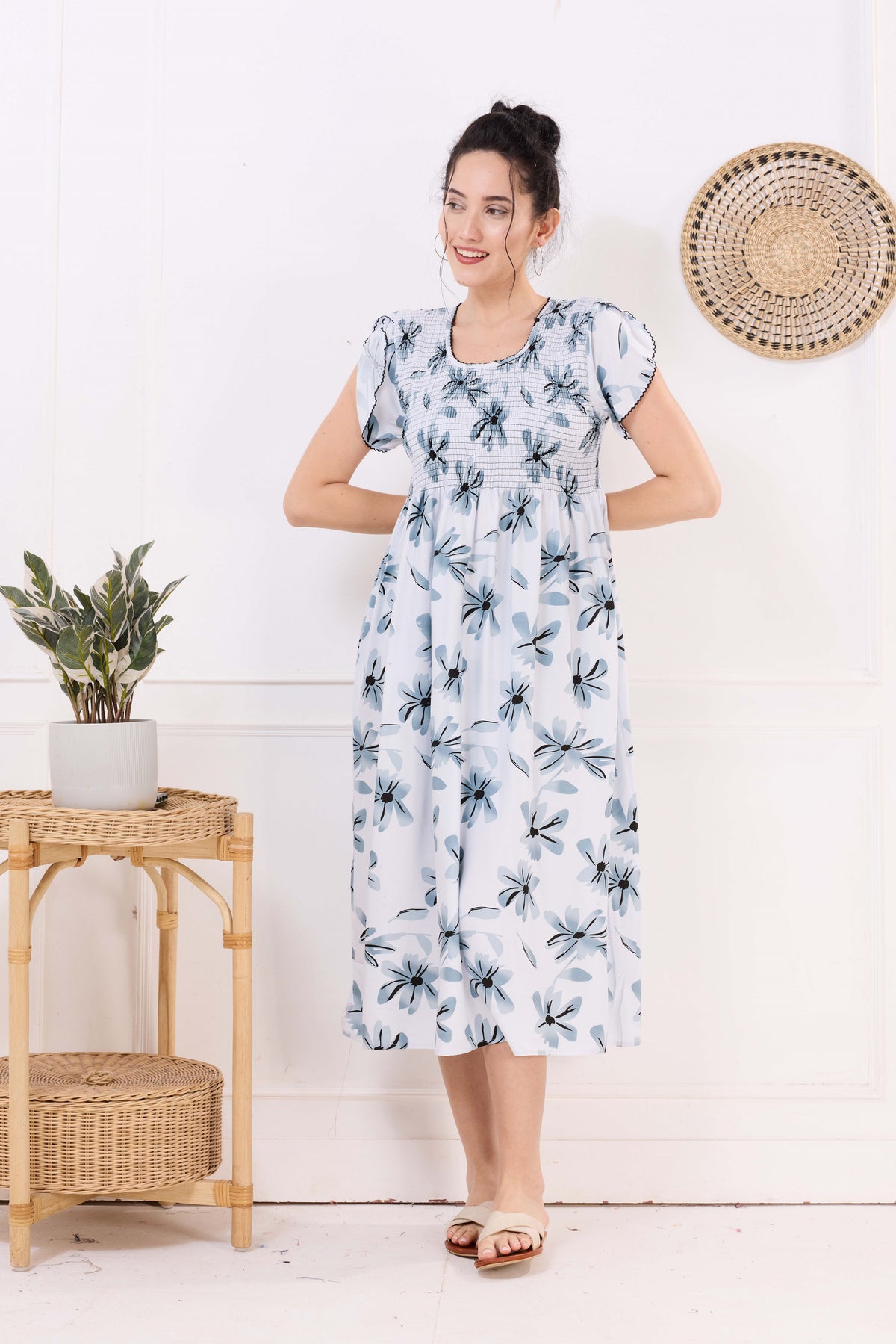 MANGAI Premium Rayon MAXI Frock Smocking Night Gown | Stretchable & Comfort Fit | Fancy Pleated Style with Side Pocket | Round Neck Nightwear for Stylish Women (SRM)