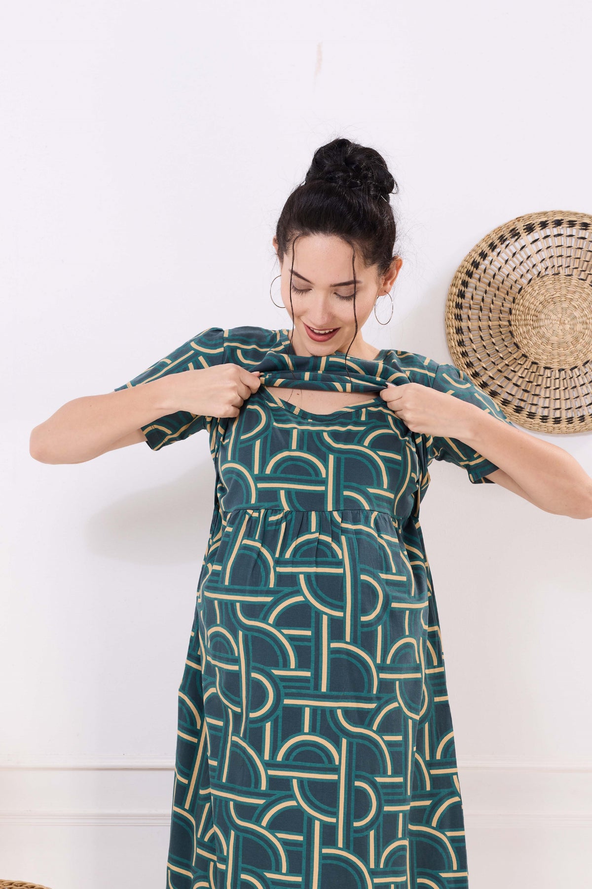 MANGAI HOSIERY Cotton Zipless Feeding Wear | Fancy Sleeve with Round Neck | Flap Open Zipless Feeding wear for Pregnancy Women (MMG)