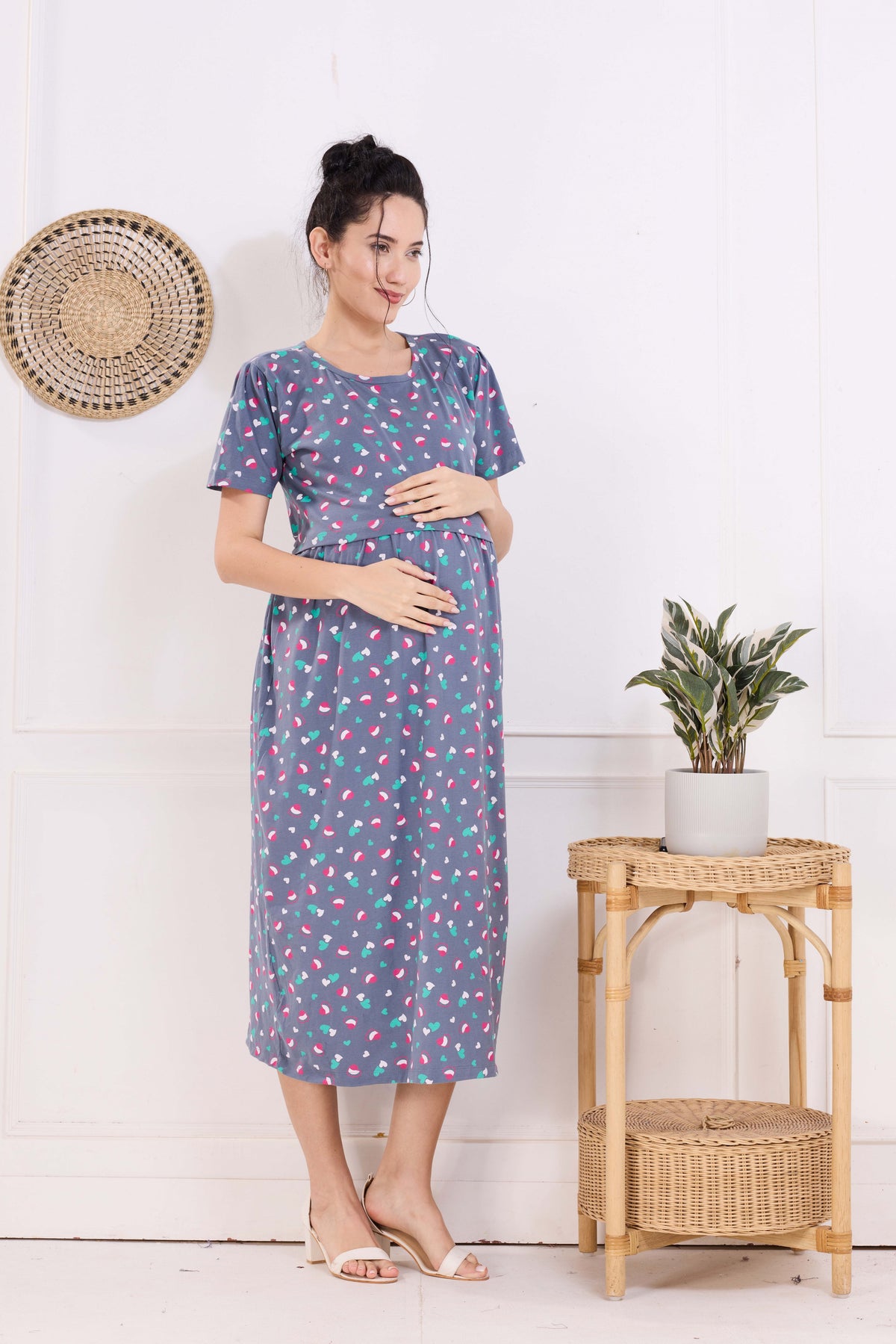 MANGAI HOSIERY Cotton Zipless Feeding Wear | Fancy Sleeve with Round Neck | Flap Open Zipless Feeding wear for Pregnancy Women (MMG)