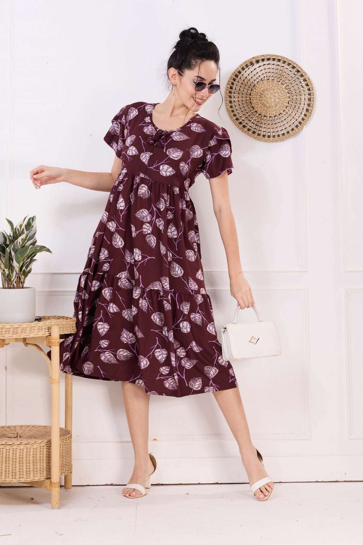 Rayon MAXI FROCK Model Nighties | Fancy Petal Sleeve | Fancy Neck & Side Pocket | Pleated Frock MAXI Style | Trendy Collection's for Stylish Women & Teenage Girl (FSF)