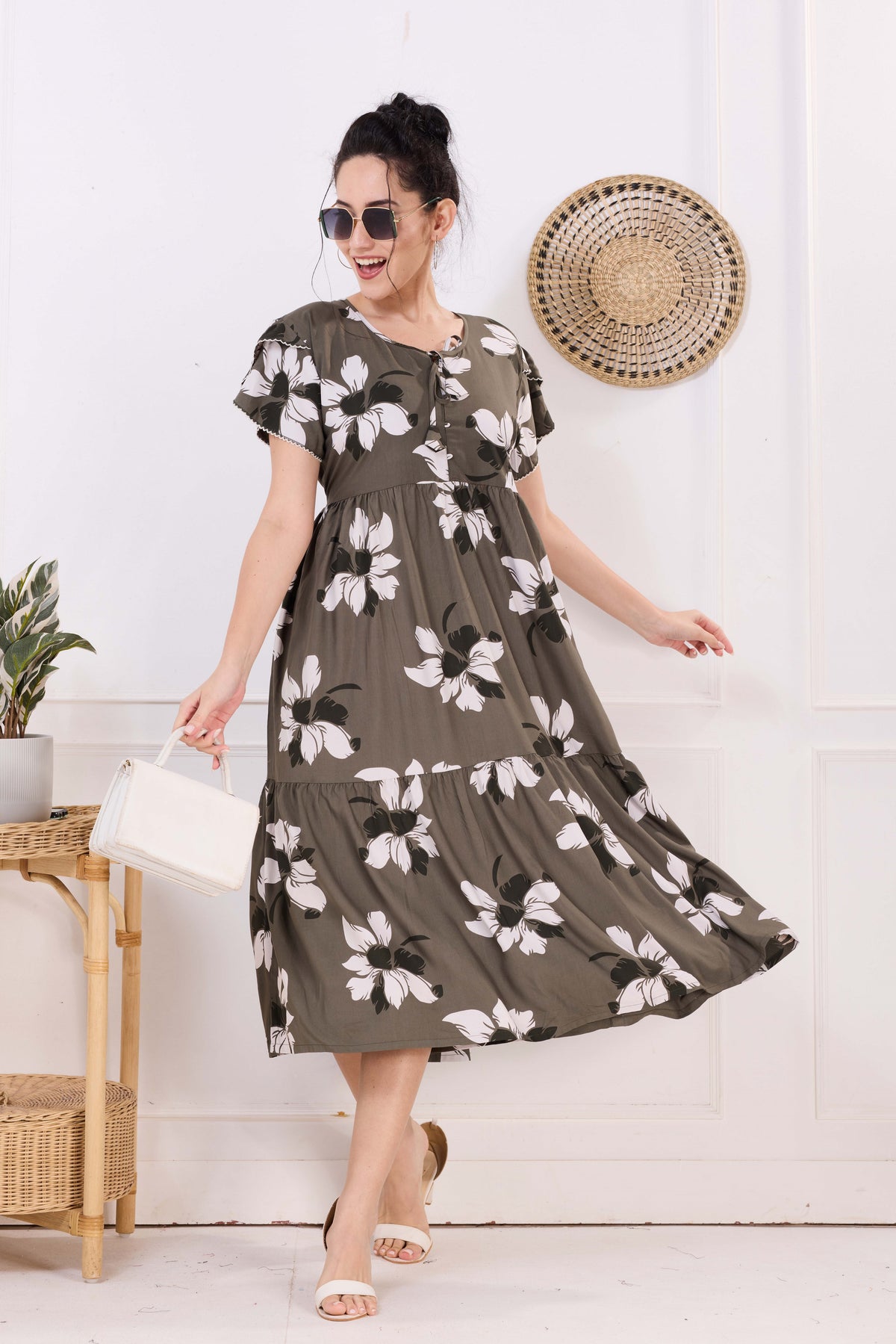 Rayon MAXI FROCK Model Nighties | Fancy Petal Sleeve | Fancy Neck & Side Pocket | Pleated Frock MAXI Style | Trendy Collection's for Stylish Women & Teenage Girl (FSF)