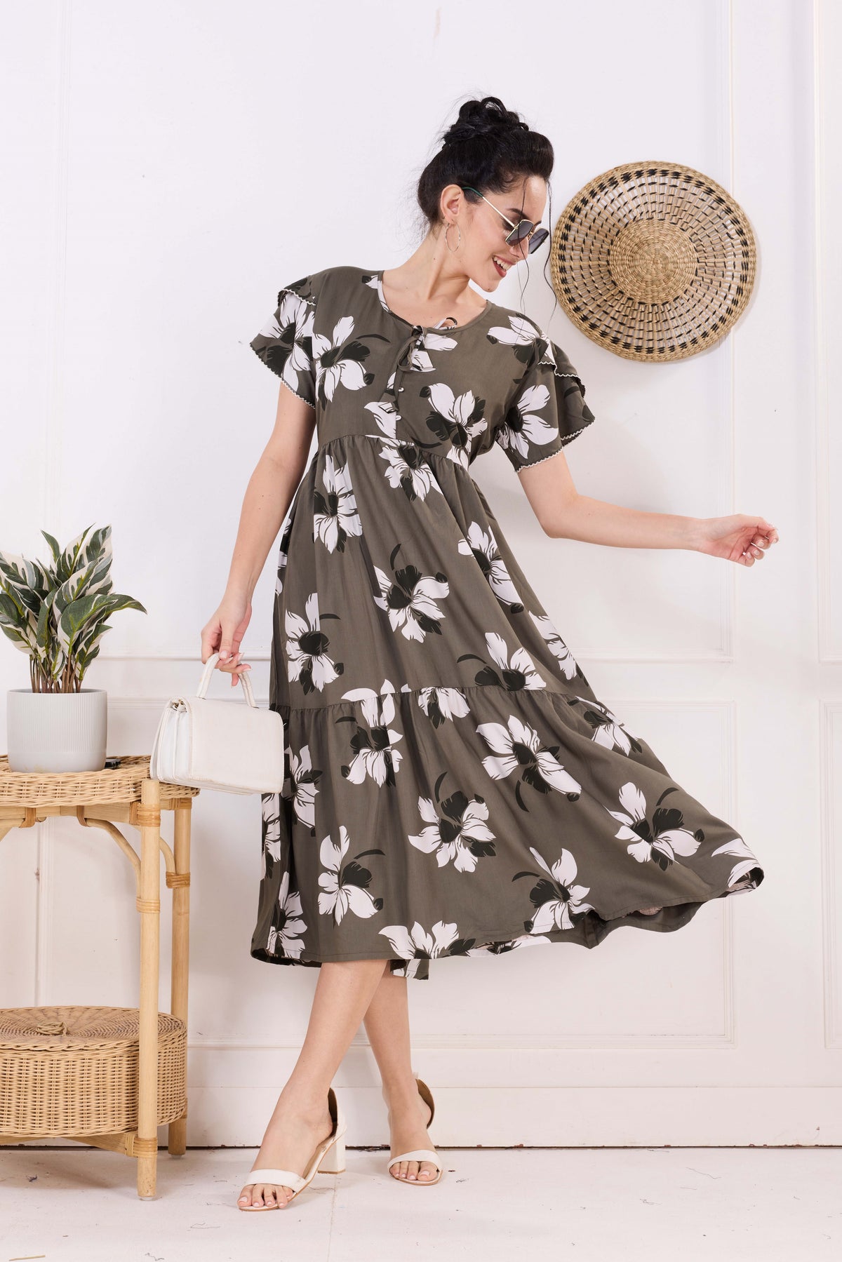 Rayon MAXI FROCK Model Nighties | Fancy Petal Sleeve | Fancy Neck & Side Pocket | Pleated Frock MAXI Style | Trendy Collection's for Stylish Women & Teenage Girl (FSF)