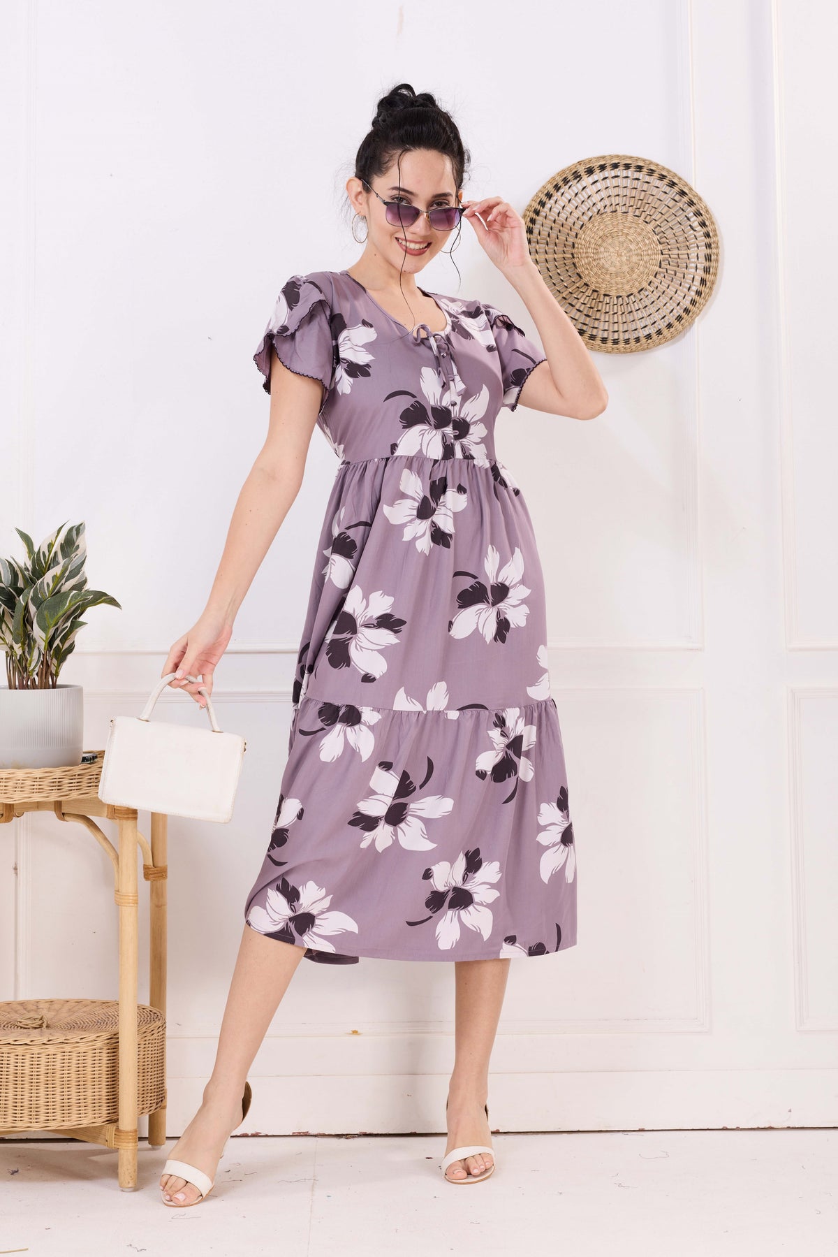 Rayon MAXI FROCK Model Nighties | Fancy Petal Sleeve | Fancy Neck & Side Pocket | Pleated Frock MAXI Style | Trendy Collection's for Stylish Women & Teenage Girl (FSF)