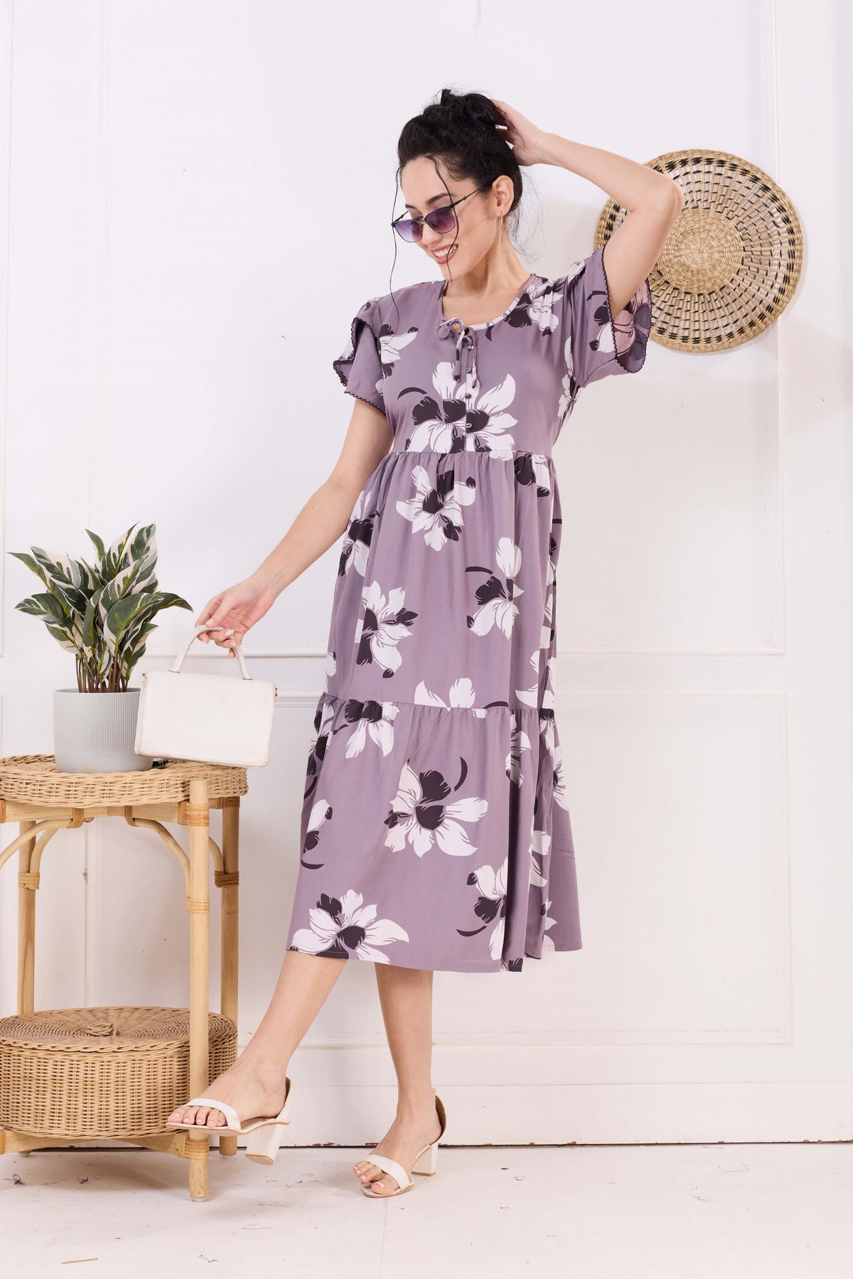 Rayon MAXI FROCK Model Nighties | Fancy Petal Sleeve | Fancy Neck & Side Pocket | Pleated Frock MAXI Style | Trendy Collection's for Stylish Women & Teenage Girl (FSF)