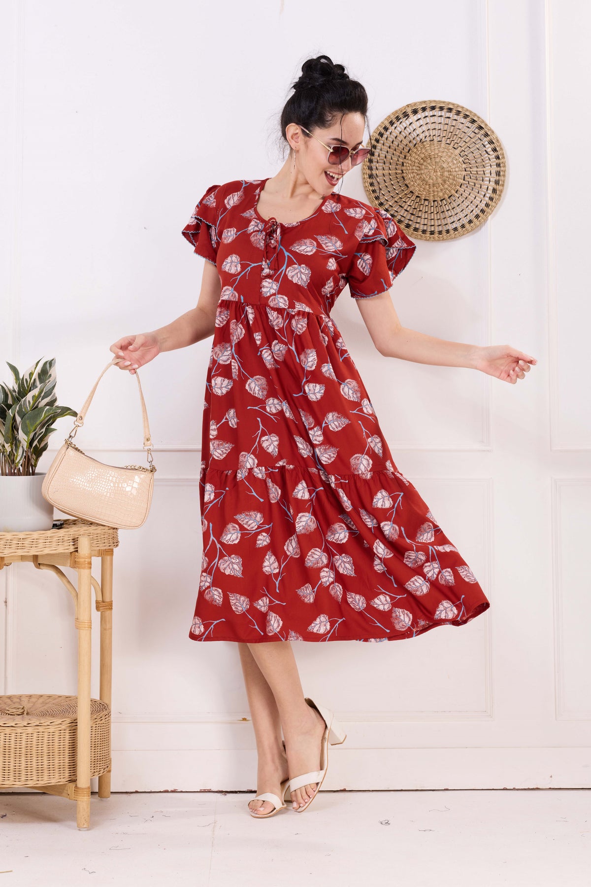 Rayon MAXI FROCK Model Nighties | Fancy Petal Sleeve | Fancy Neck & Side Pocket | Pleated Frock MAXI Style | Trendy Collection's for Stylish Women & Teenage Girl (FSF)