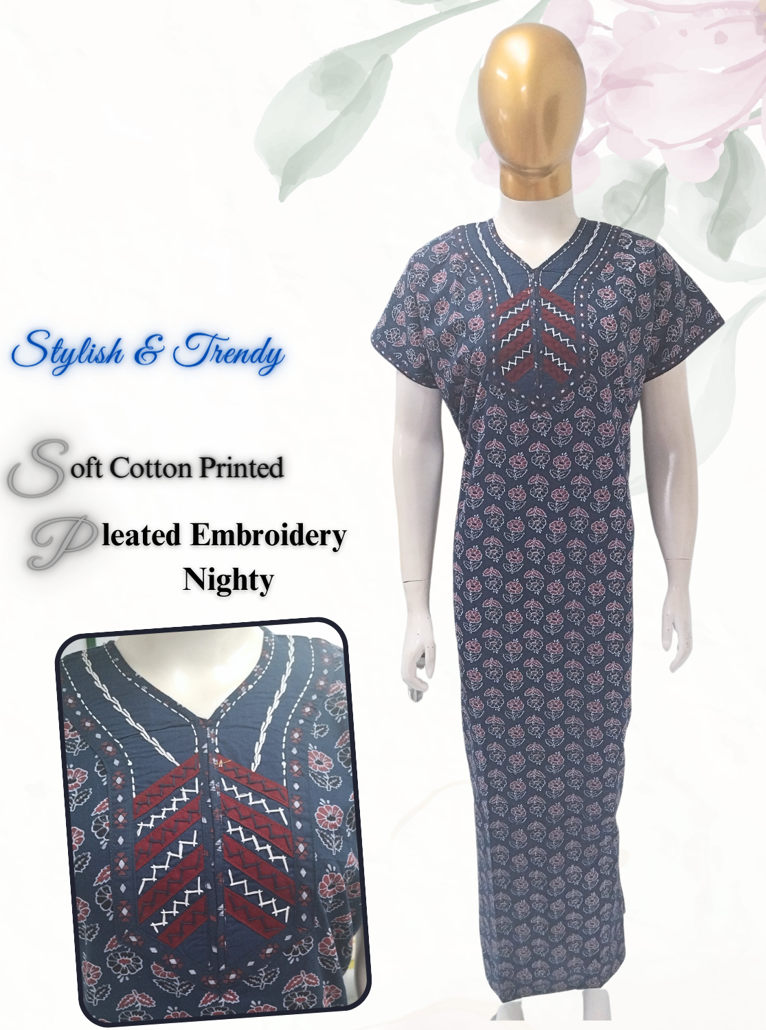 MANGAI New Collection Premium Cotton Embroidery Printed Nighties- All Over Printed Stylish Nightwear for Stylish Women | Trendy Embroidery Neck | Pleated Model (HMS)