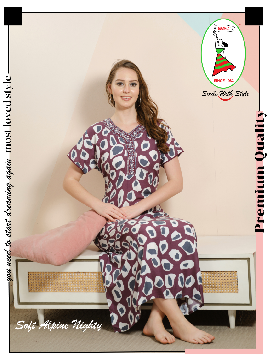 MANGAI Alpine Embroidery Model Nighties | Full Length | Stylish Printed Model Nighties | Side Pocket | Half Sleeve | Perfect Nightwear Collection's for Trendy Women's