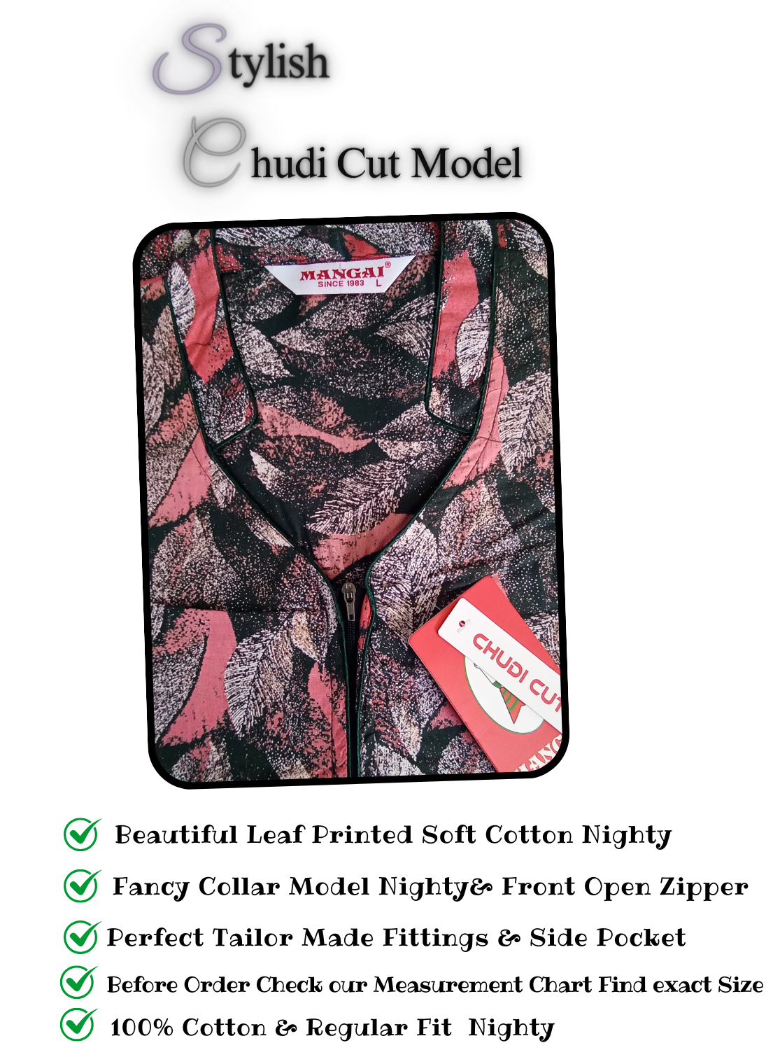 MANGAI Cotton CHUDI CUT Collar Model Nighties - Fancy Neck | With Side Pocket |Shrinkage Free Nighties | Stylish Collection's for Trendy Women's