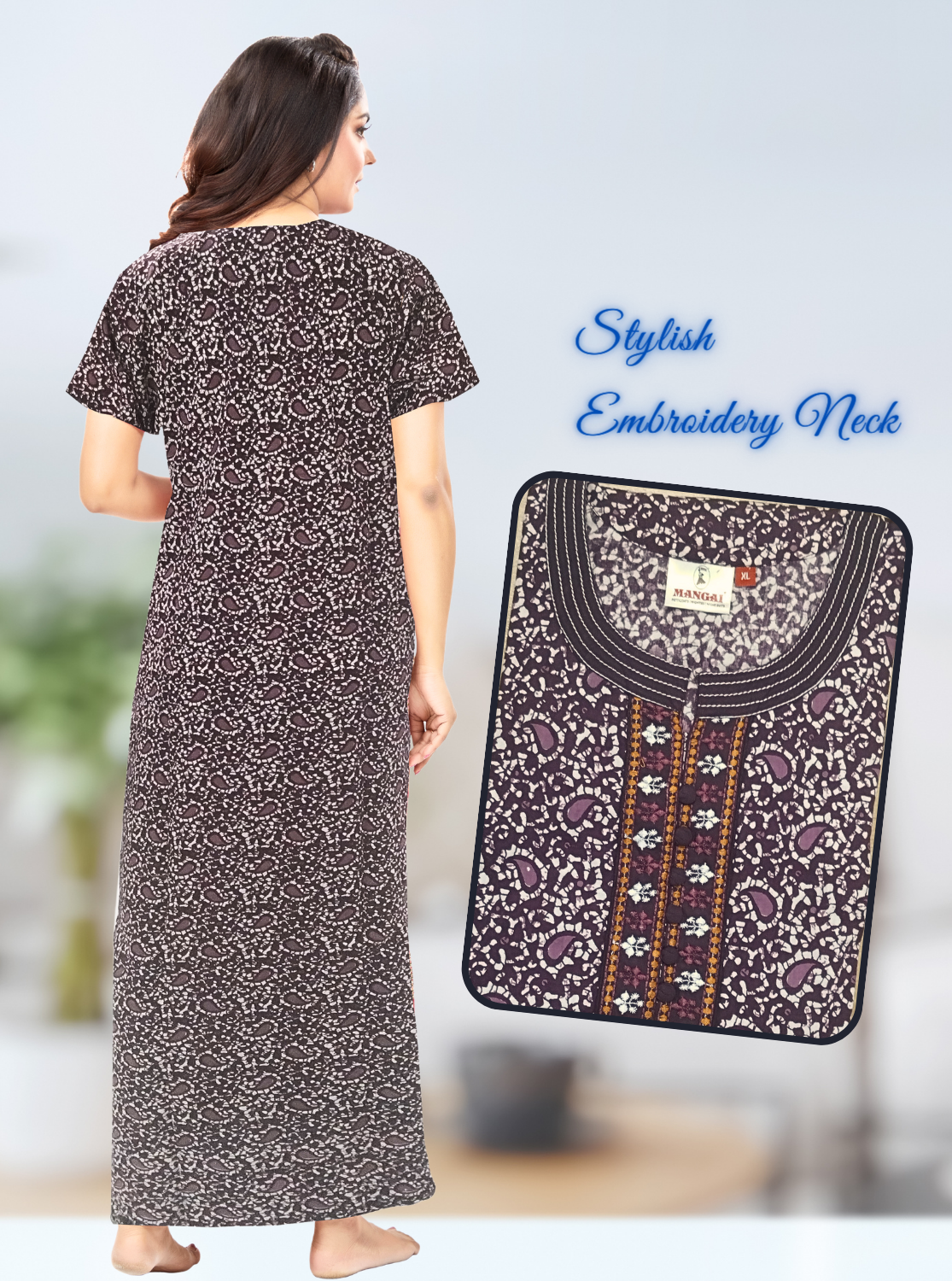 MANGAI New Collection Premium Cotton Embroidery Printed Nighties- All Over Printed Stylish Nightwear for Stylish Women | Trendy Embroidery Neck | Pleated Model (HMS)