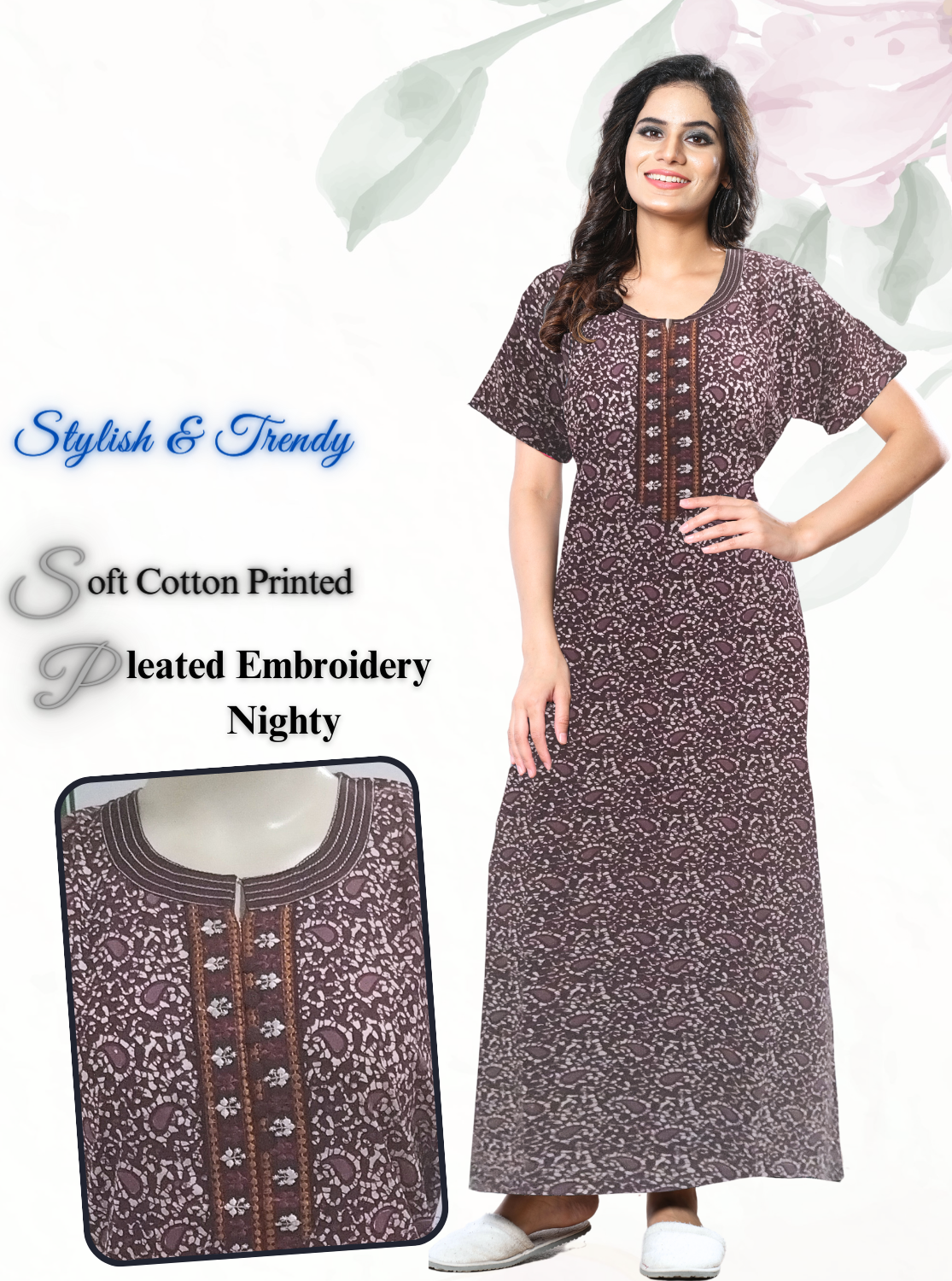 MANGAI New Collection Premium Cotton Embroidery Printed Nighties- All Over Printed Stylish Nightwear for Stylish Women | Trendy Embroidery Neck | Pleated Model (HMS)