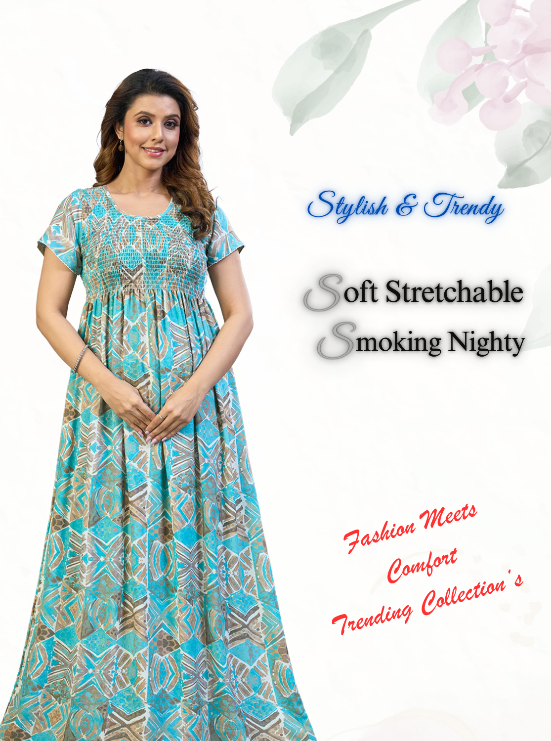 New Arrivals ALPINE Smokey Nighty | Beautiful Pleated Design | Side Pocket | Stylish Nighty for Trendy Women's | Your Perfect Nightwear Collection's (ALS)