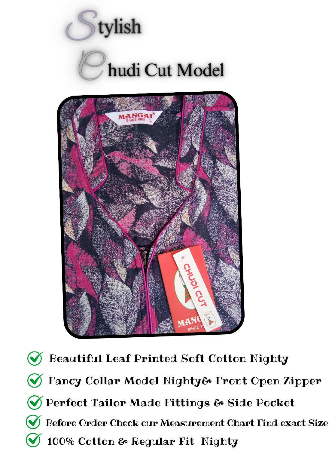 MANGAI Cotton CHUDI CUT Collar Model Nighties - Fancy Neck | With Side Pocket |Shrinkage Free Nighties | Stylish Collection's for Trendy Women's