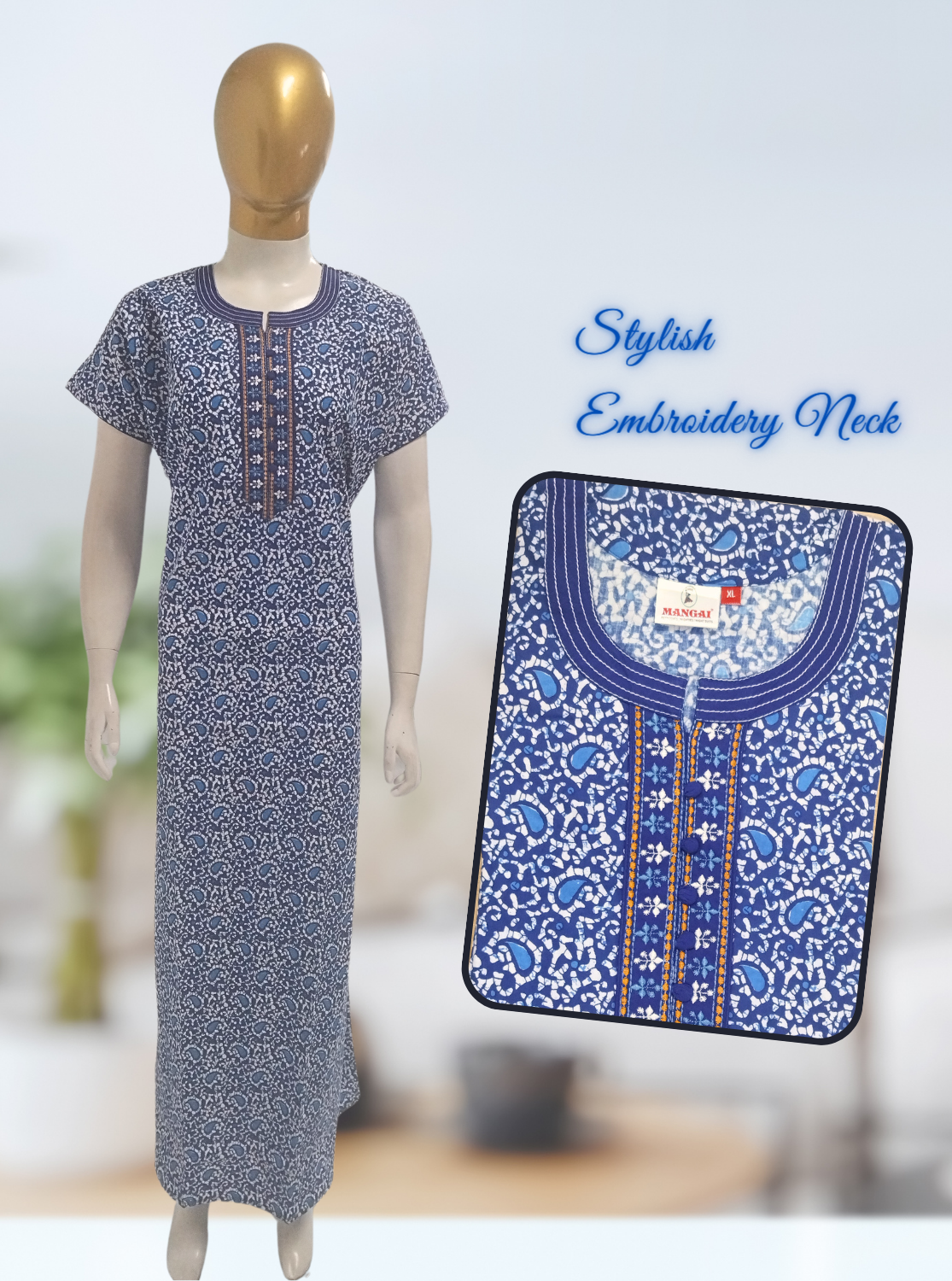 MANGAI New Collection Premium Cotton Embroidery Printed Nighties- All Over Printed Stylish Nightwear for Stylish Women | Trendy Embroidery Neck | Pleated Model (HMS)