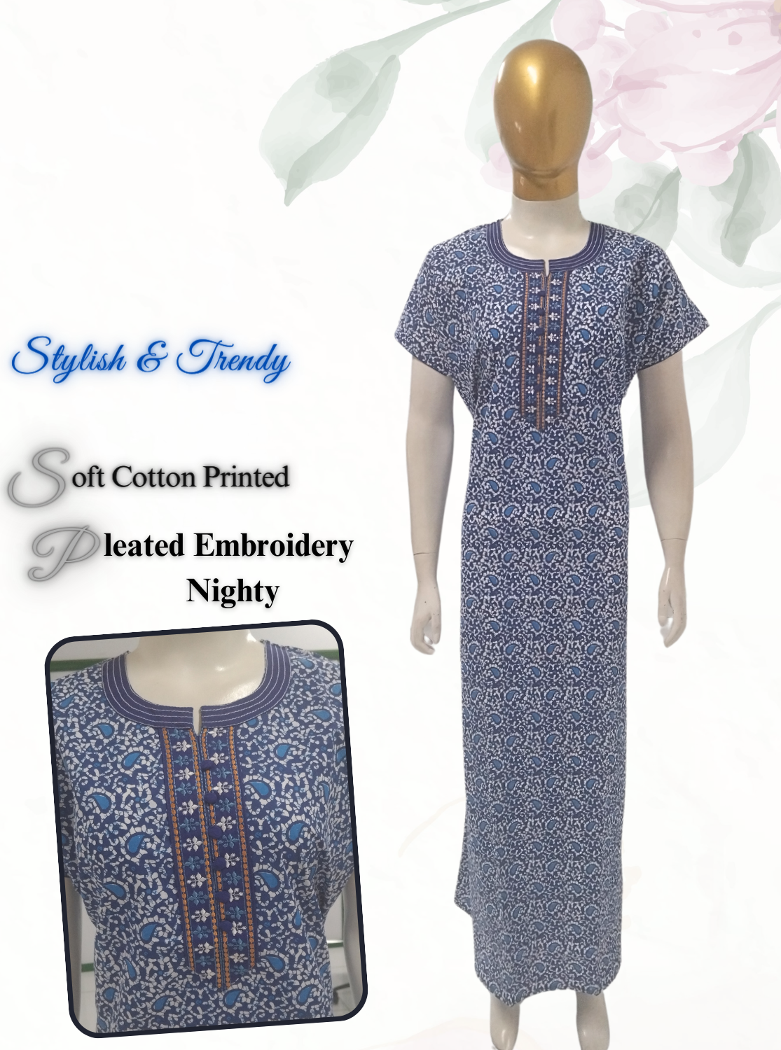 MANGAI New Collection Premium Cotton Embroidery Printed Nighties- All Over Printed Stylish Nightwear for Stylish Women | Trendy Embroidery Neck | Pleated Model (HMS)