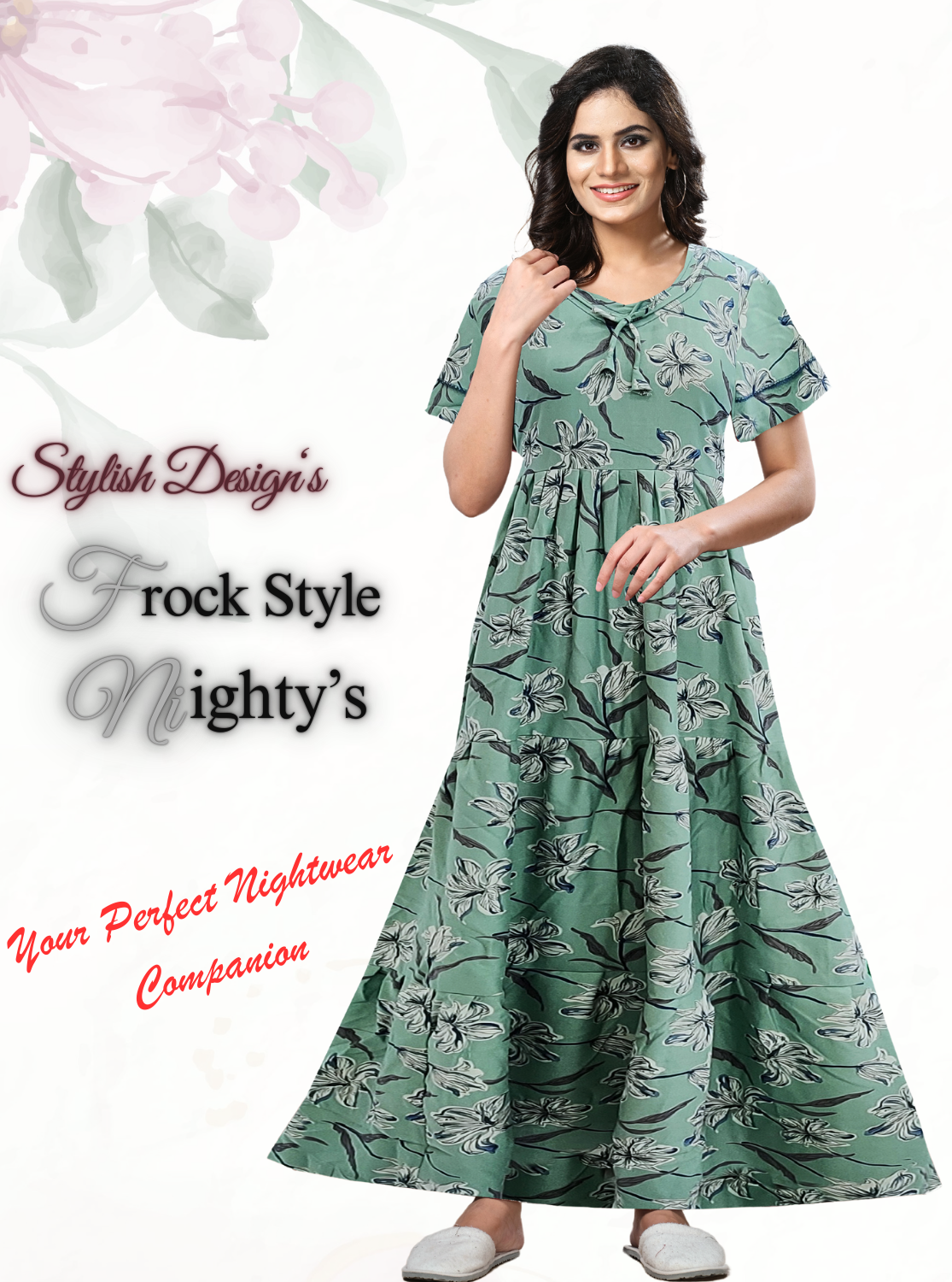 Fresh Arrivals MANGAI Alpine FULL FROCK Model Nighties | Beautiful Stylish Frock Style | Stylish Fancy Sleeves | Side Pocket | Perfect Nightwear Trendy Women's (FRK)