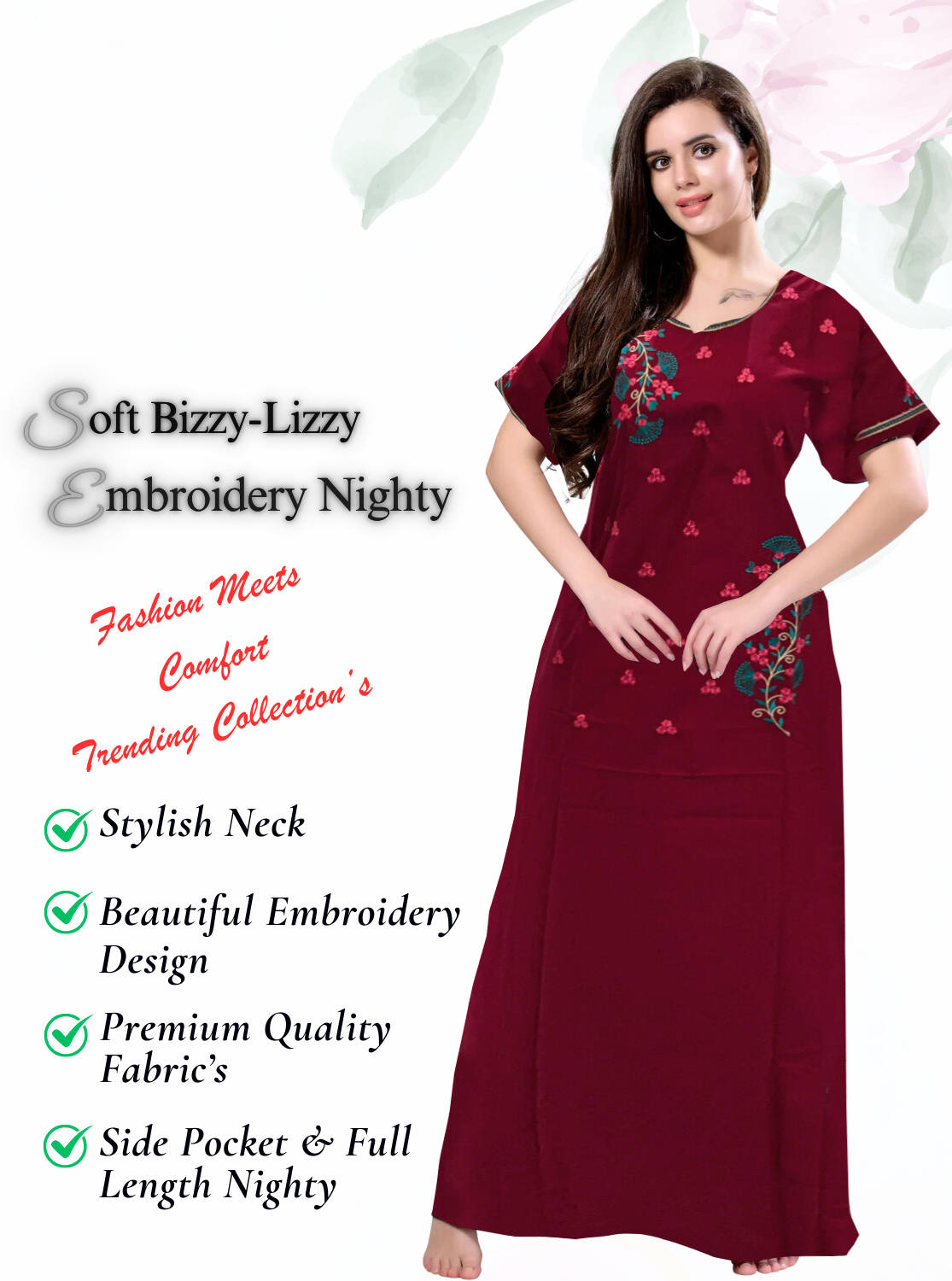 Stylish Embroidery Nightgown | Superior Quality Bizzy - Lizzy Nighty | Plain Pattern with Beautiful Embroidery Work's | Updated Collection's (CPL)