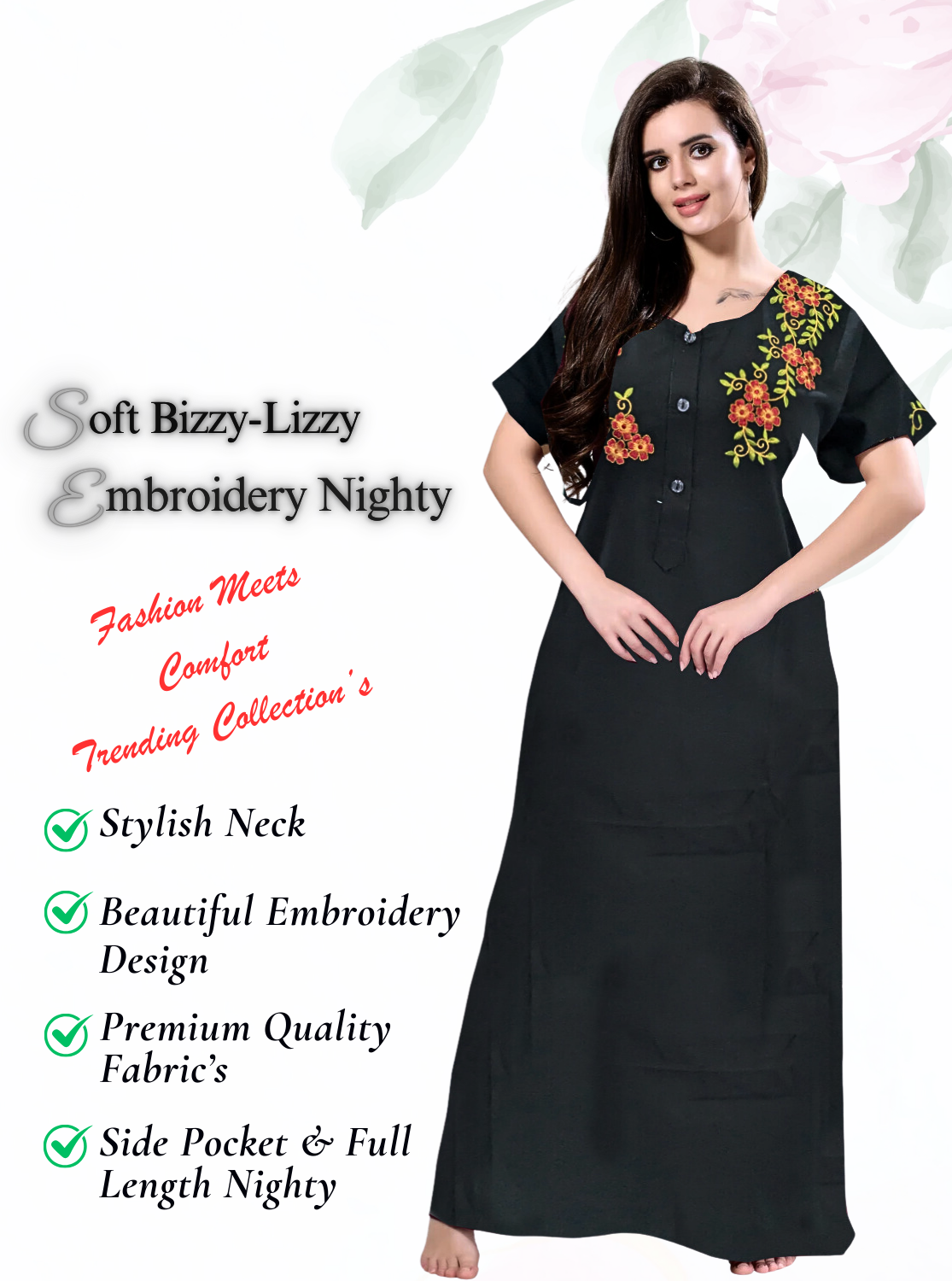 Stylish Embroidery Nightgown | Superior Quality Bizzy - Lizzy Nighty | Plain Pattern with Beautiful Embroidery Work's | Updated Collection's (CPL)