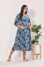 Maternity Arrivals Fancy Mom's Feeding Casual Maxi Wear | Long Elastic Frilled Sleeve | Vertical Feeding Zipper | Comports as Feeding Friendly & Casual wear Rayon MAXI Maternity Frock (ERM)