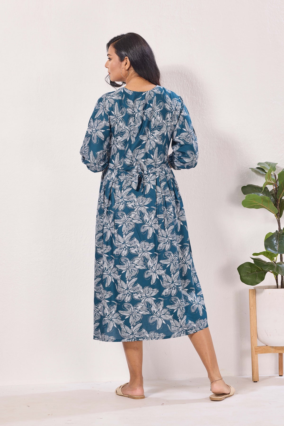 Maternity Arrivals Fancy Mom's Feeding Casual Maxi Wear | Long Elastic Frilled Sleeve | Vertical Feeding Zipper | Comports as Feeding Friendly & Casual wear Rayon MAXI Maternity Frock (ERM)