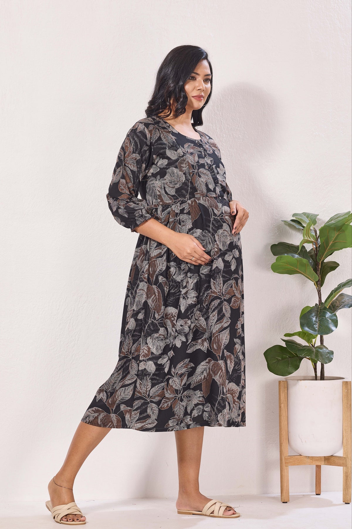 Maternity Arrivals Fancy Mom's Feeding Casual Maxi Wear | Long Elastic Frilled Sleeve | Vertical Feeding Zipper | Comports as Feeding Friendly & Casual wear Rayon MAXI Maternity Frock (ERM)