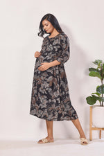 Maternity Arrivals Fancy Mom's Feeding Casual Maxi Wear | Long Elastic Frilled Sleeve | Vertical Feeding Zipper | Comports as Feeding Friendly & Casual wear Rayon MAXI Maternity Frock (ERM)