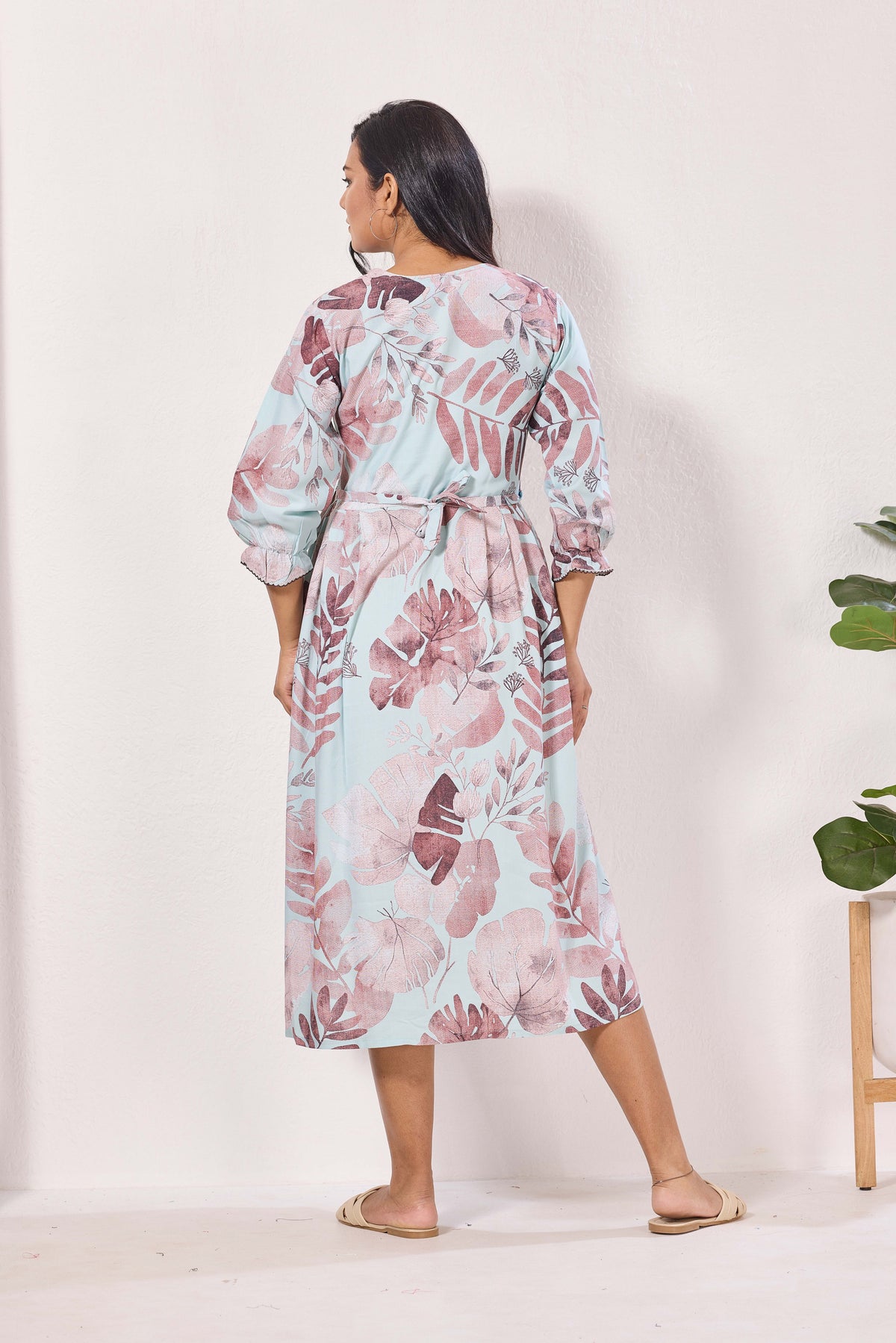 Maternity Arrivals Fancy Mom's Feeding Casual Maxi Wear | Long Elastic Frilled Sleeve | Vertical Feeding Zipper | Comports as Feeding Friendly & Casual wear Rayon MAXI Maternity Frock (ERM)
