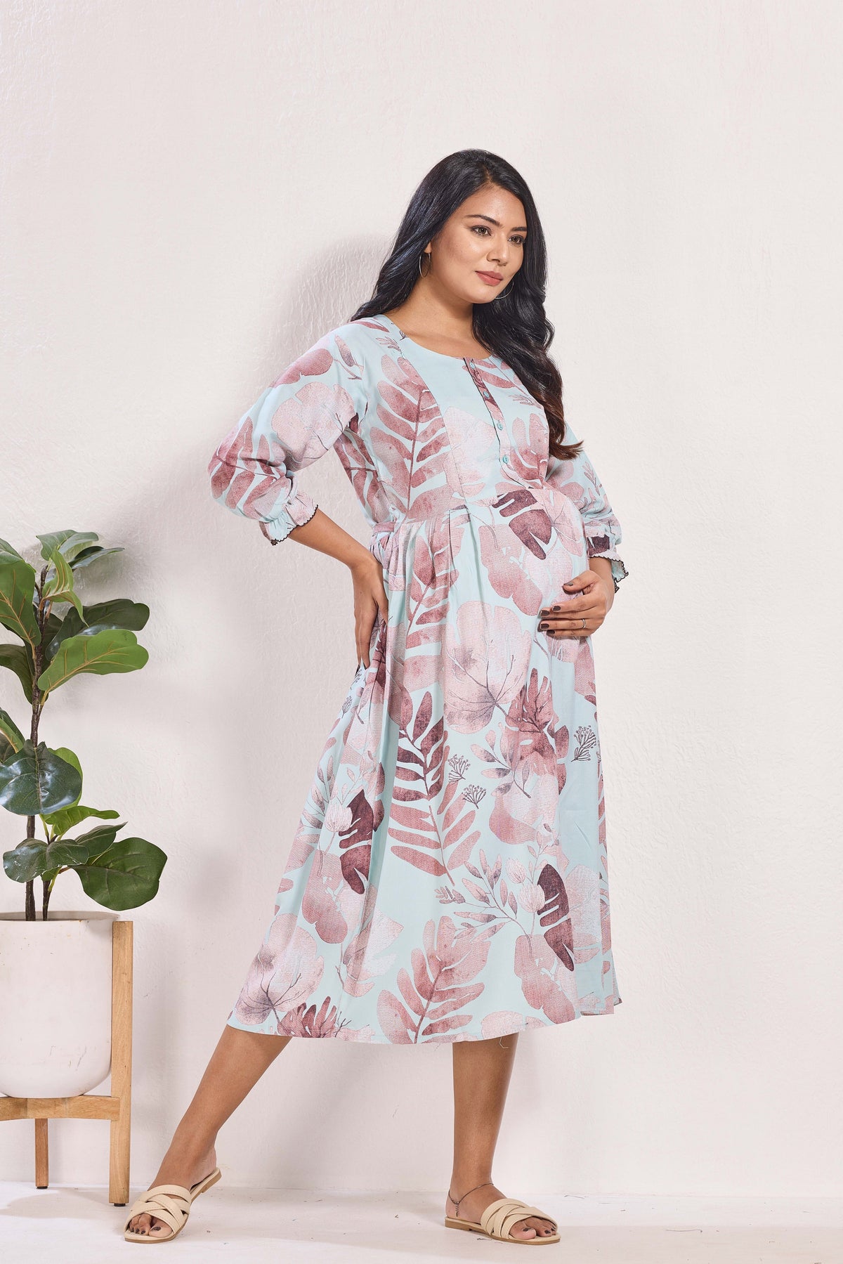 Maternity Arrivals Fancy Mom's Feeding Casual Maxi Wear | Long Elastic Frilled Sleeve | Vertical Feeding Zipper | Comports as Feeding Friendly & Casual wear Rayon MAXI Maternity Frock (ERM)