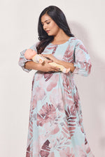 Maternity Arrivals Fancy Mom's Feeding Casual Maxi Wear | Long Elastic Frilled Sleeve | Vertical Feeding Zipper | Comports as Feeding Friendly & Casual wear Rayon MAXI Maternity Frock (ERM)
