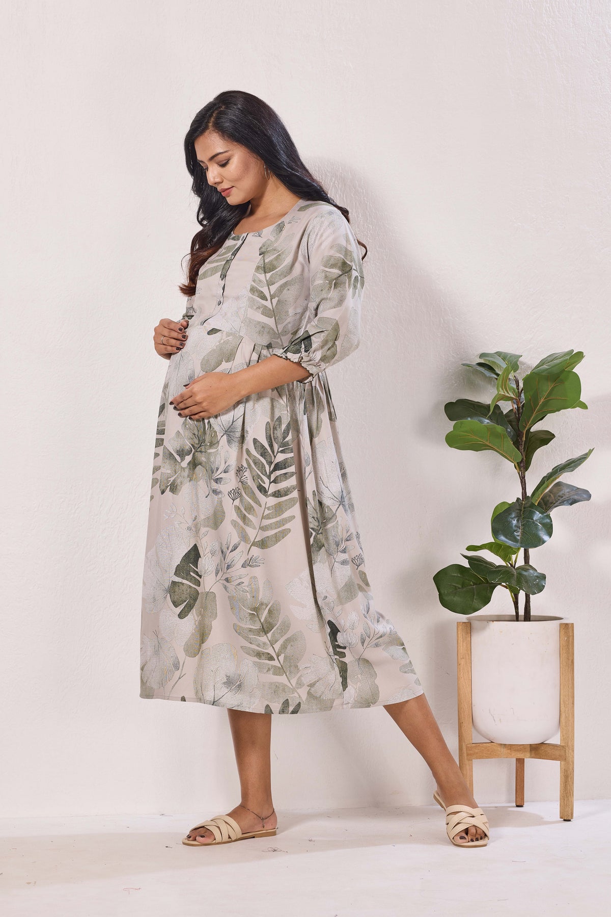 Maternity Arrivals Fancy Mom's Feeding Casual Maxi Wear | Long Elastic Frilled Sleeve | Vertical Feeding Zipper | Comports as Feeding Friendly & Casual wear Rayon MAXI Maternity Frock (ERM)