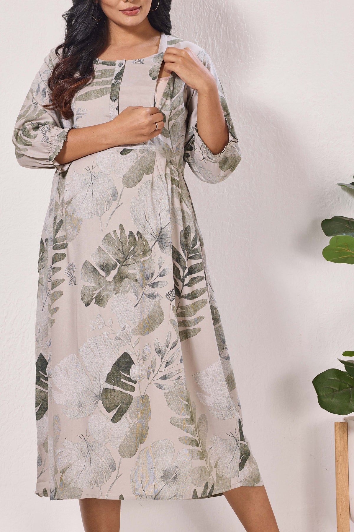 Maternity Arrivals Fancy Mom's Feeding Casual Maxi Wear | Long Elastic Frilled Sleeve | Vertical Feeding Zipper | Comports as Feeding Friendly & Casual wear Rayon MAXI Maternity Frock (ERM)