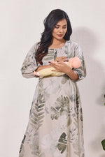 Maternity Arrivals Fancy Mom's Feeding Casual Maxi Wear | Long Elastic Frilled Sleeve | Vertical Feeding Zipper | Comports as Feeding Friendly & Casual wear Rayon MAXI Maternity Frock (ERM)