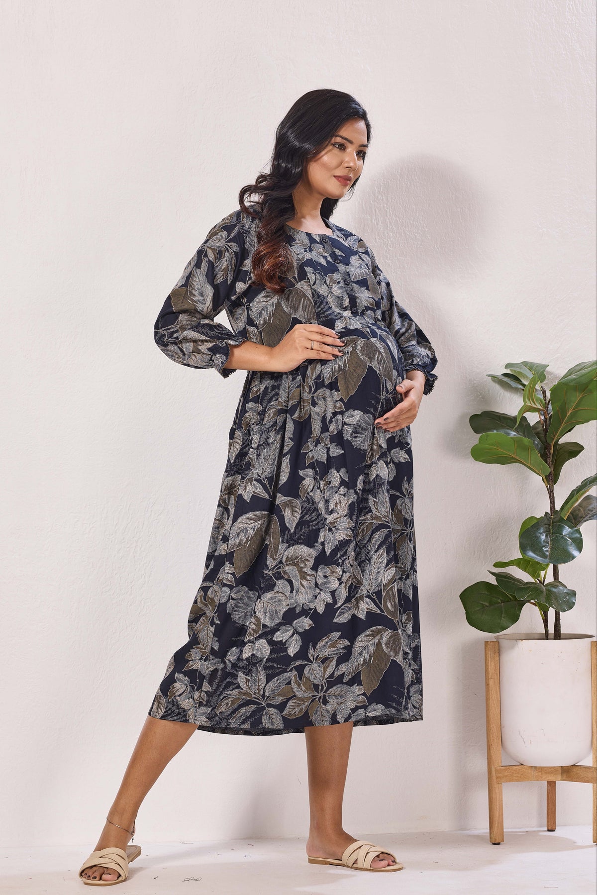 Maternity Arrivals Fancy Mom's Feeding Casual Maxi Wear | Long Elastic Frilled Sleeve | Vertical Feeding Zipper | Comports as Feeding Friendly & Casual wear Rayon MAXI Maternity Frock (ERM)
