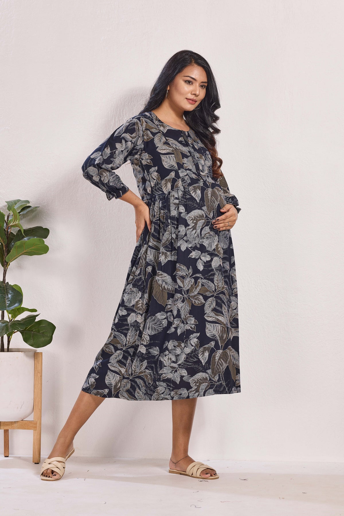 Maternity Arrivals Fancy Mom's Feeding Casual Maxi Wear | Long Elastic Frilled Sleeve | Vertical Feeding Zipper | Comports as Feeding Friendly & Casual wear Rayon MAXI Maternity Frock (ERM)