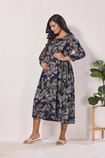 Maternity Arrivals Fancy Mom's Feeding Casual Maxi Wear | Long Elastic Frilled Sleeve | Vertical Feeding Zipper | Comports as Feeding Friendly & Casual wear Rayon MAXI Maternity Frock (ERM)