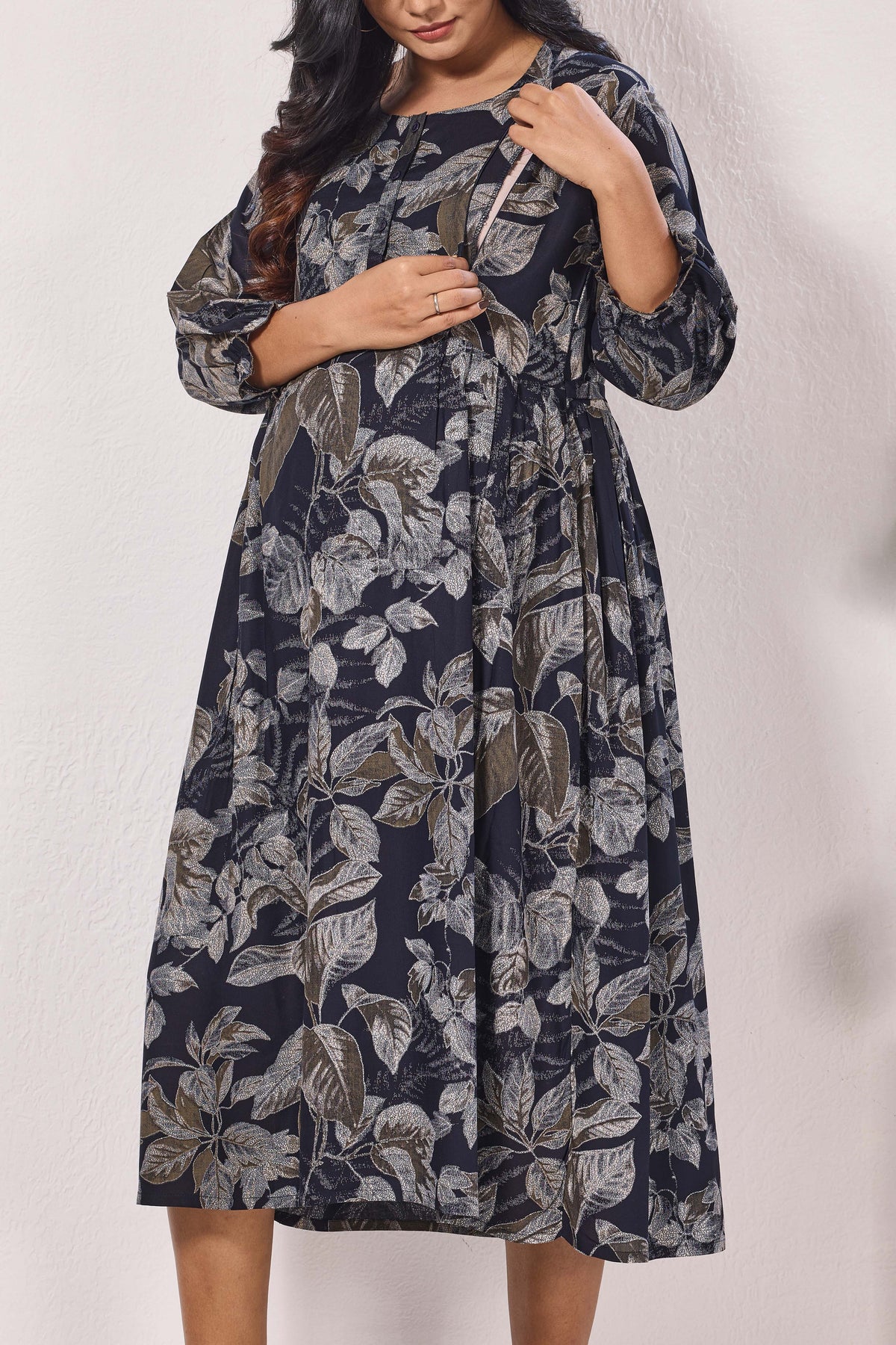 Maternity Arrivals Fancy Mom's Feeding Casual Maxi Wear | Long Elastic Frilled Sleeve | Vertical Feeding Zipper | Comports as Feeding Friendly & Casual wear Rayon MAXI Maternity Frock (ERM)