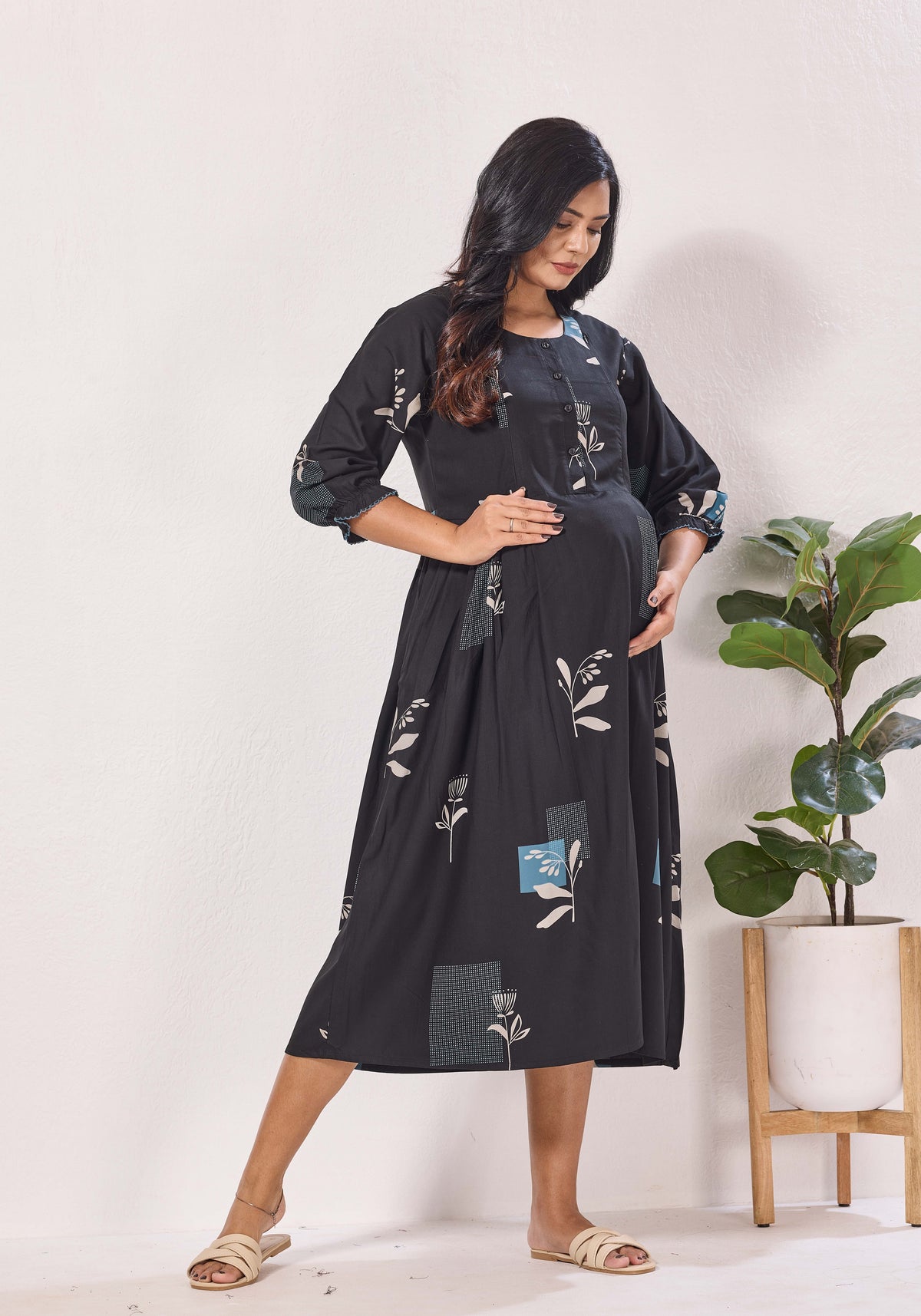 Maternity Arrivals Fancy Mom's Feeding Casual Maxi Wear | Long Elastic Frilled Sleeve | Vertical Feeding Zipper | Comports as Feeding Friendly & Casual wear Rayon MAXI Maternity Frock (ERM)