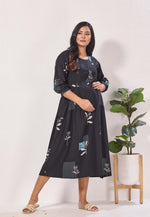 Maternity Arrivals Fancy Mom's Feeding Casual Maxi Wear | Long Elastic Frilled Sleeve | Vertical Feeding Zipper | Comports as Feeding Friendly & Casual wear Rayon MAXI Maternity Frock (ERM)