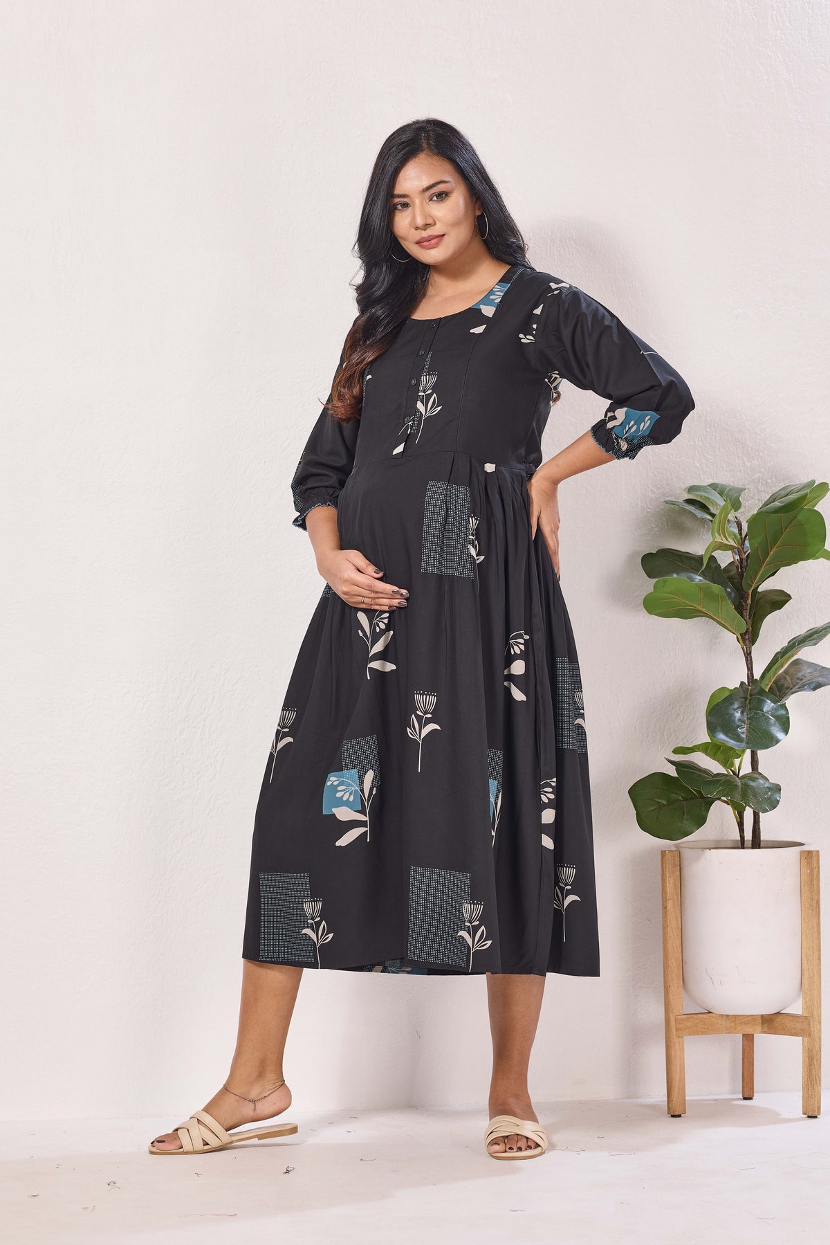 Maternity Arrivals Fancy Mom's Feeding Casual Maxi Wear | Long Elastic Frilled Sleeve | Vertical Feeding Zipper | Comports as Feeding Friendly & Casual wear Rayon MAXI Maternity Frock (ERM)