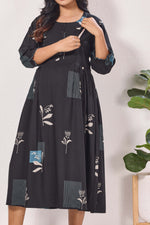Maternity Arrivals Fancy Mom's Feeding Casual Maxi Wear | Long Elastic Frilled Sleeve | Vertical Feeding Zipper | Comports as Feeding Friendly & Casual wear Rayon MAXI Maternity Frock (ERM)