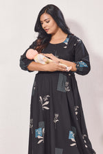Maternity Arrivals Fancy Mom's Feeding Casual Maxi Wear | Long Elastic Frilled Sleeve | Vertical Feeding Zipper | Comports as Feeding Friendly & Casual wear Rayon MAXI Maternity Frock (ERM)