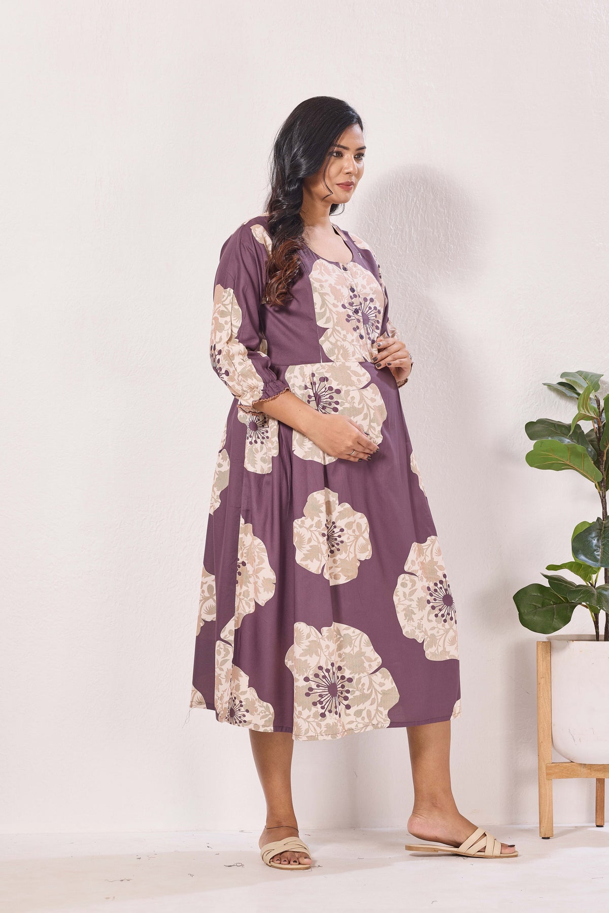 Maternity Arrivals Fancy Mom's Feeding Casual Maxi Wear | Long Elastic Frilled Sleeve | Vertical Feeding Zipper | Comports as Feeding Friendly & Casual wear Rayon MAXI Maternity Frock (ERM)