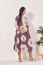 Maternity Arrivals Fancy Mom's Feeding Casual Maxi Wear | Long Elastic Frilled Sleeve | Vertical Feeding Zipper | Comports as Feeding Friendly & Casual wear Rayon MAXI Maternity Frock (ERM)