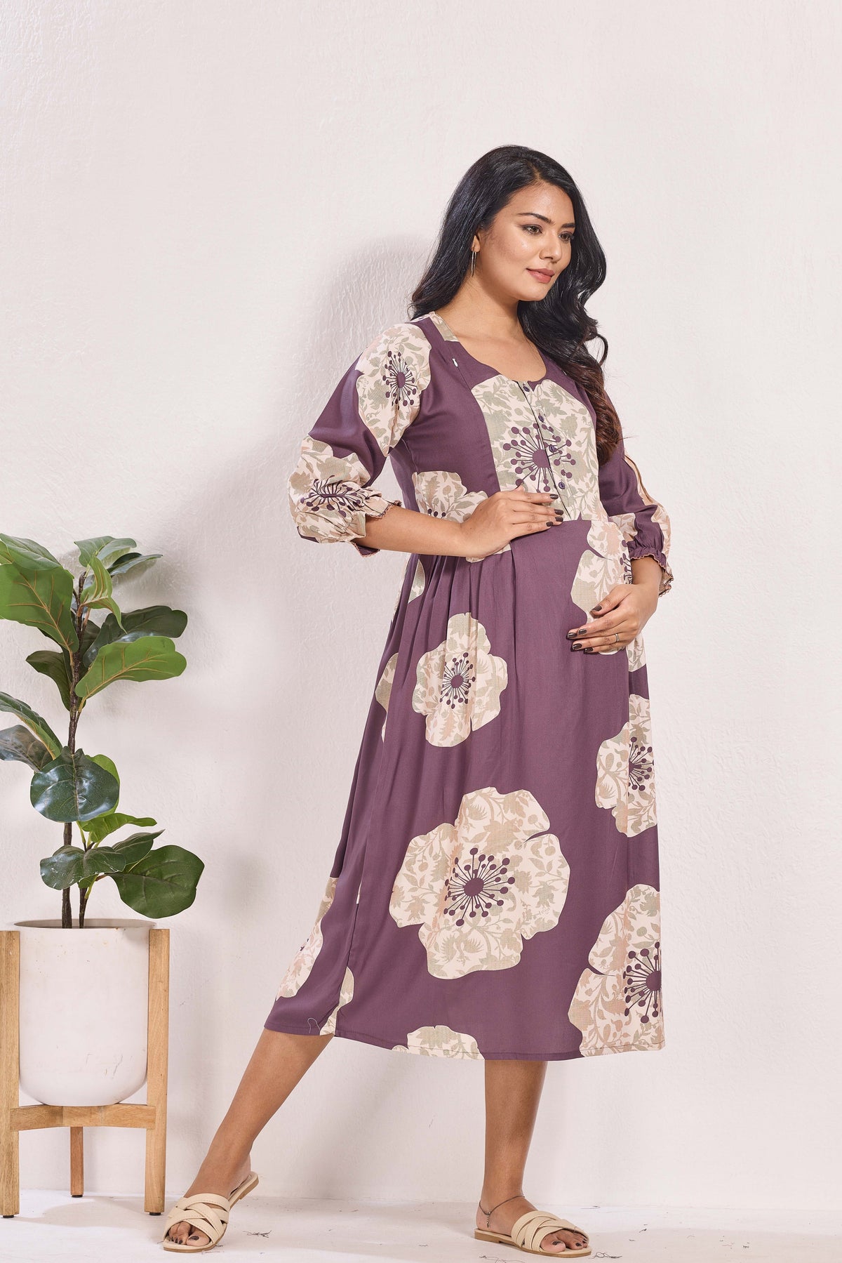 Maternity Arrivals Fancy Mom's Feeding Casual Maxi Wear | Long Elastic Frilled Sleeve | Vertical Feeding Zipper | Comports as Feeding Friendly & Casual wear Rayon MAXI Maternity Frock (ERM)
