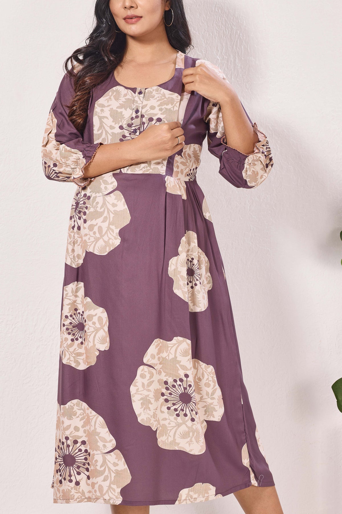 Maternity Arrivals Fancy Mom's Feeding Casual Maxi Wear | Long Elastic Frilled Sleeve | Vertical Feeding Zipper | Comports as Feeding Friendly & Casual wear Rayon MAXI Maternity Frock (ERM)
