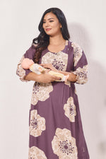 Maternity Arrivals Fancy Mom's Feeding Casual Maxi Wear | Long Elastic Frilled Sleeve | Vertical Feeding Zipper | Comports as Feeding Friendly & Casual wear Rayon MAXI Maternity Frock (ERM)