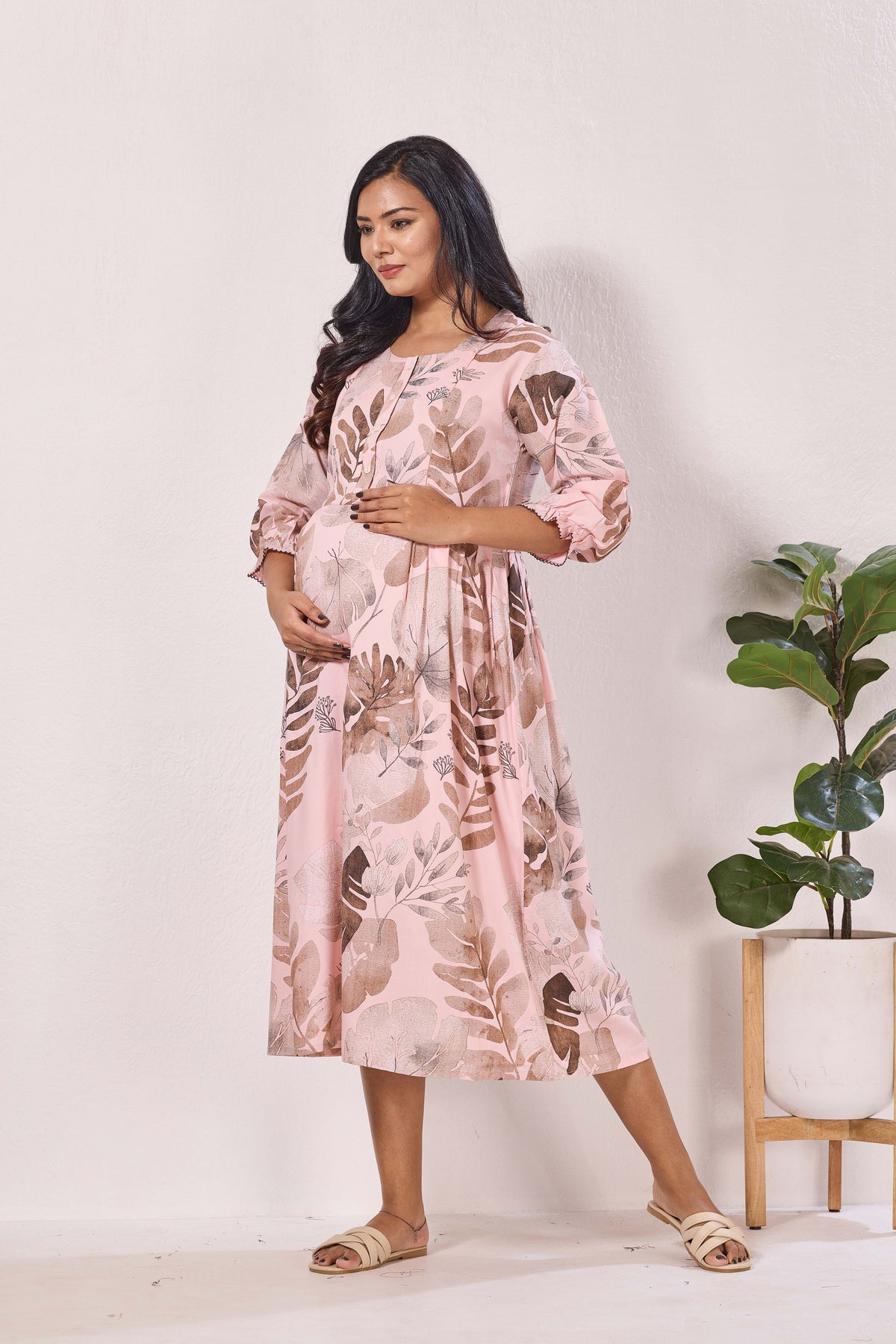 Maternity Arrivals Fancy Mom's Feeding Casual Maxi Wear | Long Elastic Frilled Sleeve | Vertical Feeding Zipper | Comports as Feeding Friendly & Casual wear Rayon MAXI Maternity Frock (ERM)