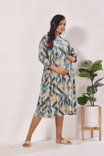 Maternity Arrivals Fancy Mom's Feeding Casual Maxi Wear | Long Elastic Frilled Sleeve | Vertical Feeding Zipper | Comports as Feeding Friendly & Casual wear Rayon MAXI Maternity Frock (ERM)